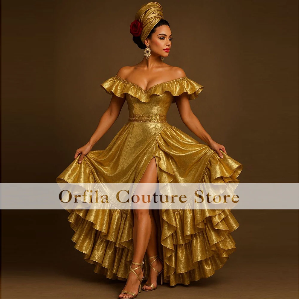 Gold Sequined Prom Dress With Slit Off Shoulder African Birthday Party Dresses for African robes de Gala Customized