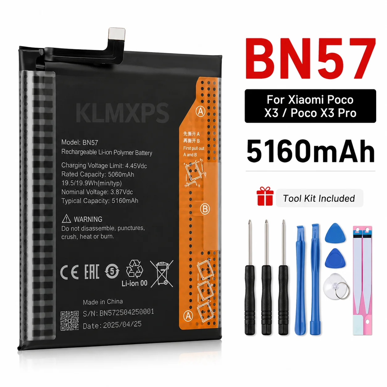 Long Lasting BN57 5160mAh Phone Battery for Xiaomi Poco X3 Pro Pocophone X3 High Capacity Stable Performance Repair Kit Set