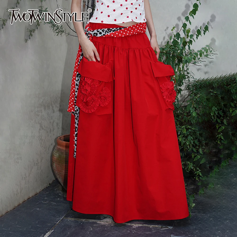 

TWOTWINSTYLE Solid Spliced Pocket Elegant Skirt Female High Waist Loose French Romantic Women's Long Skirts Autumn Fashion New