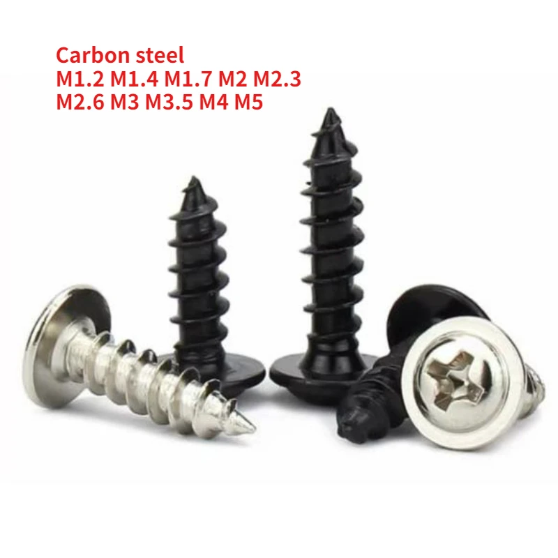 PWA Nickel Plated Black Carbon Steel Cross Round Head Self Tapping Screw with Pad M1.2 M1.4 M1.7 M2 M2.3 M2.6 M3 M3.5 M4 M5