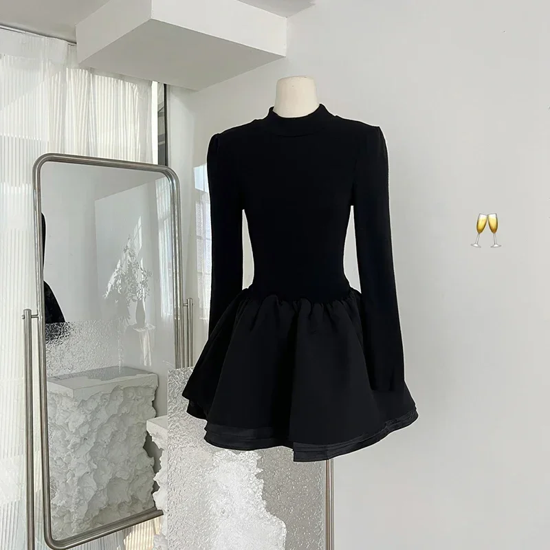 Black Mini Dress for Women 2024 Elegant One Piece Dresses Female Long Sleeve Bodycon Wedding Party Dress Korean Style One Piece