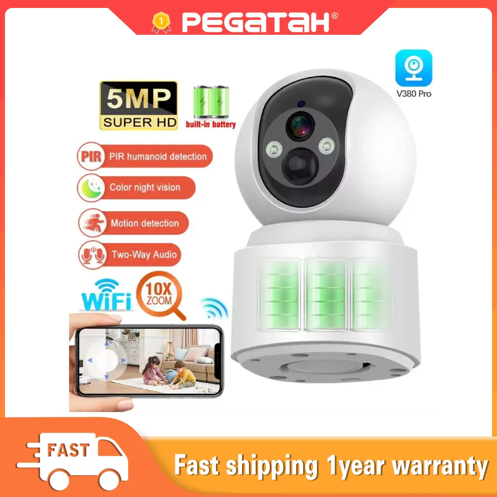 

PEGATAH 5MP WiFi Cam Baby Monitoring Built-in Battery PTZ 360° 10X Optical CCTV Auto Tracking Surveillance Night Vision IP Cam