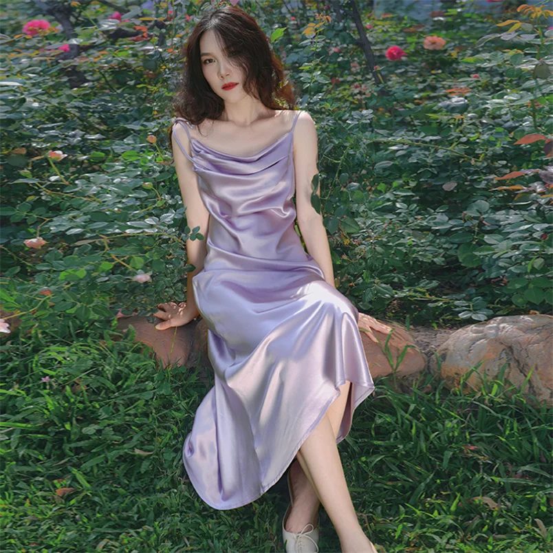 ファッション10色展開 サテン ヴィンテージ風 スリップ ロングドレス 韓国風 エレガント パーティー キャミソールドレス レディース スリム Aライン ワンピース