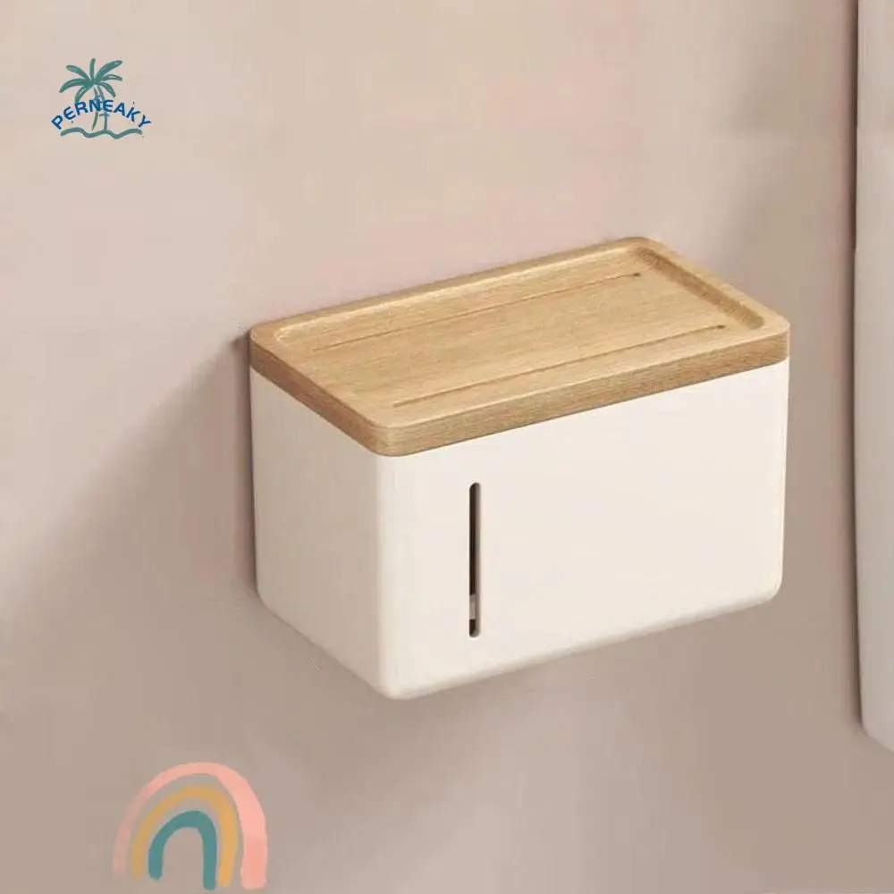 

No Punching Waterproof Toilet Paper Holder Waterproof Design Wall Mounted Beech Paper Box Wooden Material with Cover
