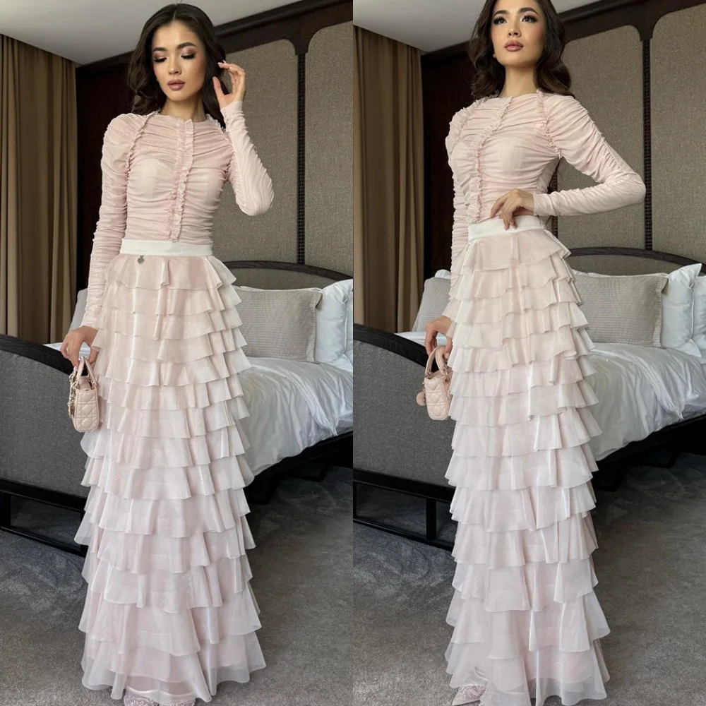 

Изысканное шифоновое вечернее платье цвета шампанского по индивидуальному заказу, нежное платье с круглым вырезом и длинными рукавами, на молнии сзади, многоуровневые платья для особых случаев