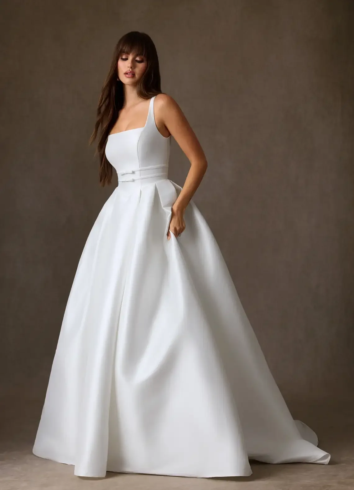 

2026 Elegant Satin A-Line Wedding Dress Square Neck Sleeveless Bridal Gown with Bow Belt and Pockets