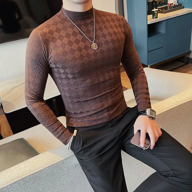 Korean Fashion Men Clothing New T-Shirts Autumn Winner O-Neck Solid Plaid Mock Neck Trend Versatile Casual Long Sleeve Slim Tops