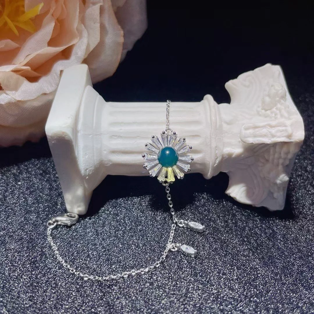 Certificate 925 Silver Round Natural Blue Amber Daisy Link Bracelet With Zircon Halo Flower Chain Bangle Elegant Women Jewelry