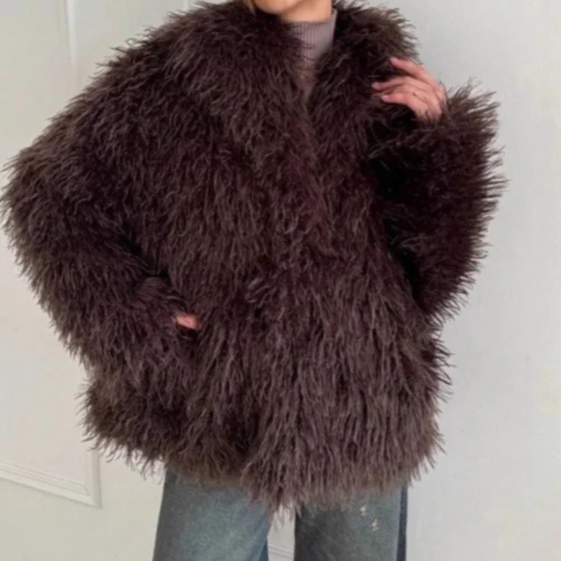Pele grande lapela jaqueta de pele artificial curto moda imitação de pele de raposa jaqueta de pelúcia macia feminina