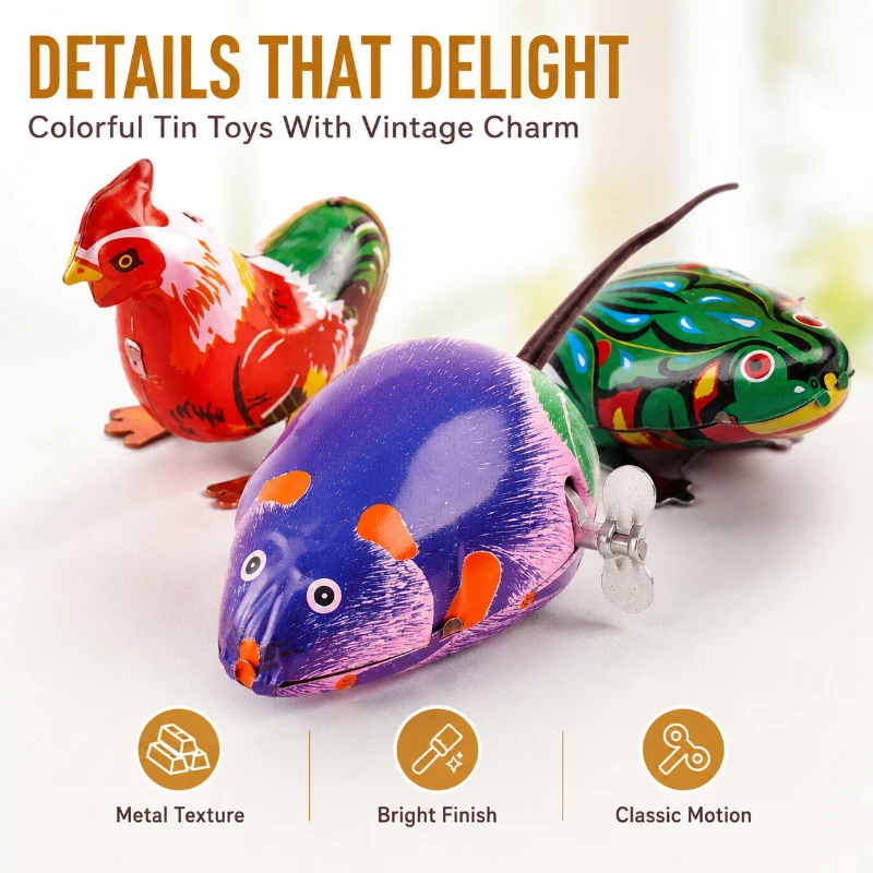 Vintage Metal Clockwork Animal Toy Set No Battery Required Jumping Frog Mouse Rooster Collectible Ornament