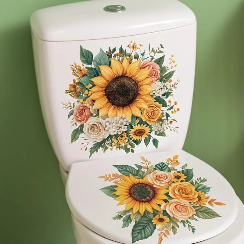Artistic Colorful Floral Toilet Stickers, Self-Adhesive Removable Toilet Lid Decals For Bathroom Decoration