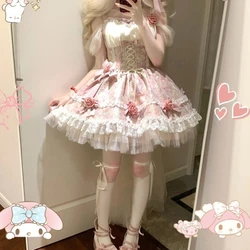 2024 Summer Japanese Sweet and Fresh Slim Fit Princess Dress Printed One Line Neck Lace Panel Bandage Women's Mid Length Dress