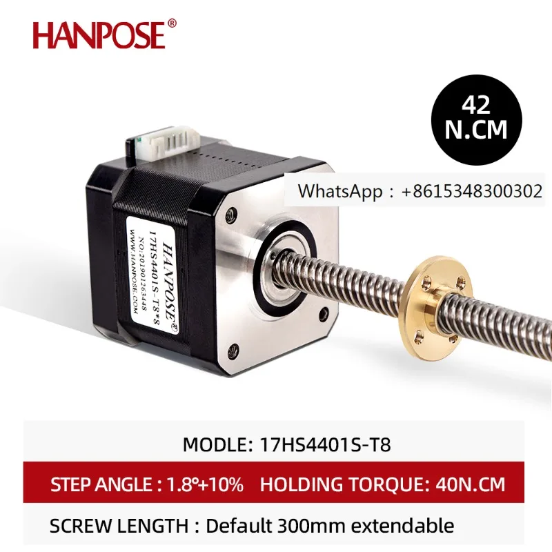 

Шаговый двигатель Hanpose 17HS4401S-T8x8, длина винта 300 мм, с гайкой и выводным проводом.