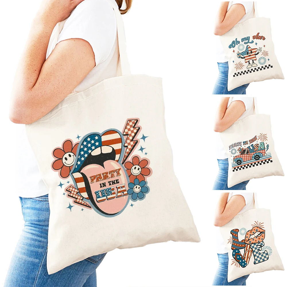 

American Flag Lady Shopper Bags Double Print Retro Stars Women Daily use Shoulder Handbag Patriotic Pattern Girl Shopping Bag