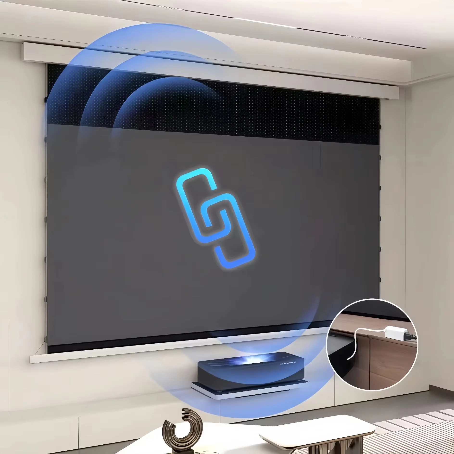 จอฉายภาพแบบมอเตอร์ไฟฟ้า 150 นิ้ว อัตราส่วนภาพ 16:9 ระบบตึงผ้าแบบ Tab-tensioned พร้อมเทคโนโลยี ALR ป้องกันแสงสะท้อนจากกลางวัน สำหรับโปรเจคเตอร์ UST  แบบป้องกันแสงรบกวน