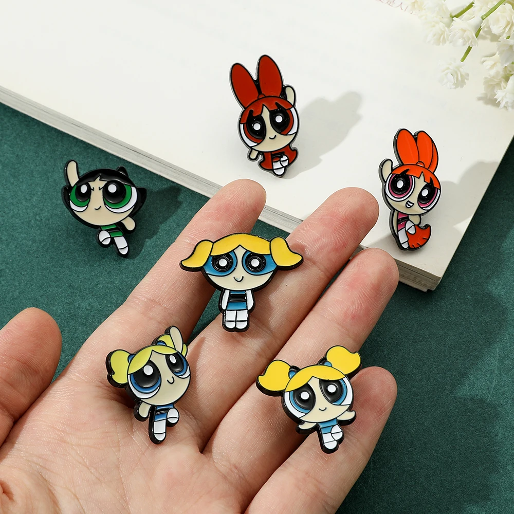 Powerpuff Girls Anime Lapel Pin Badges on Backpack Metal Enamel Brooch Cartoon Jewelry Clothing Accessories Gift for Kids Decor