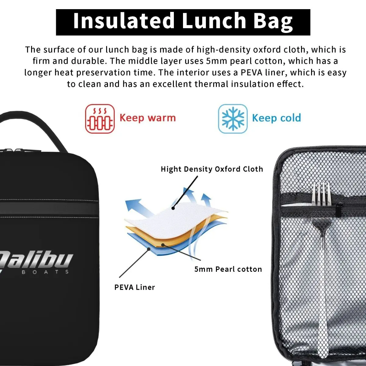 Malibu Boats POCKET SIDE Insulated Lunch Bag for Women Children Portable Food Boxes Thermal Lunch Box Tote