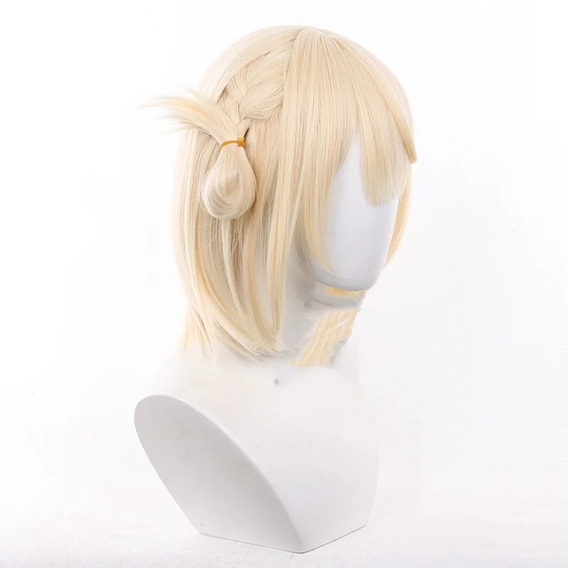 Shigure Ui شعر مستعار تأثيري الألياف شعر مستعار اصطناعي أصفر مزدوج ذيل حصان شعر مستعار قصير + غطاء شعر مستعار VTuber شعر مستعار تأثيري