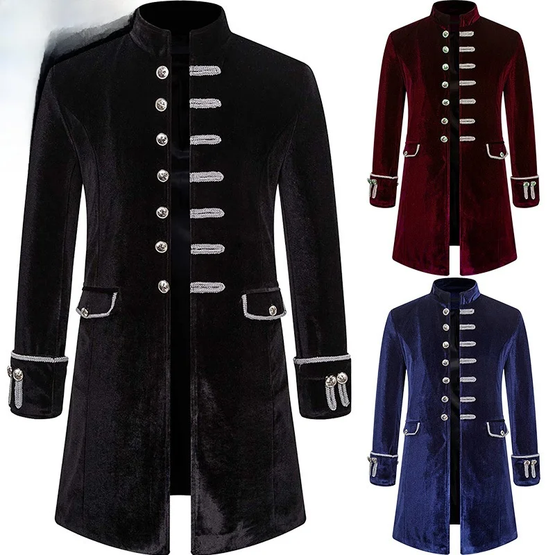 Men's Velvet Coat Pure Color Steam Punk Halloween Costume Stand Collar Stage Wear Traditional Chinese Opera Performance Clothes