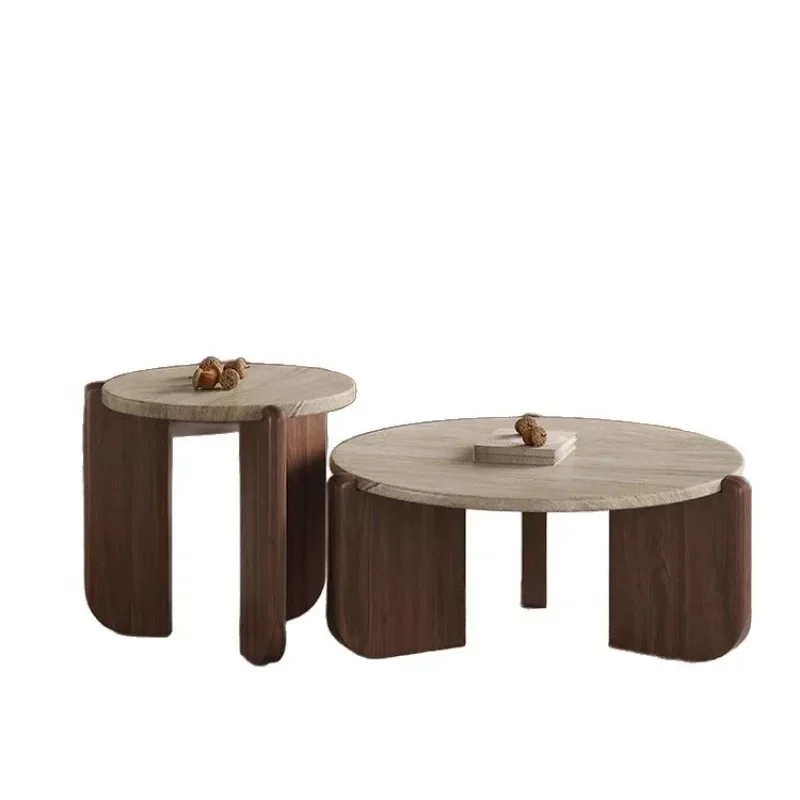 

Solid wood small apartment living room for home use, round balcony marble low table