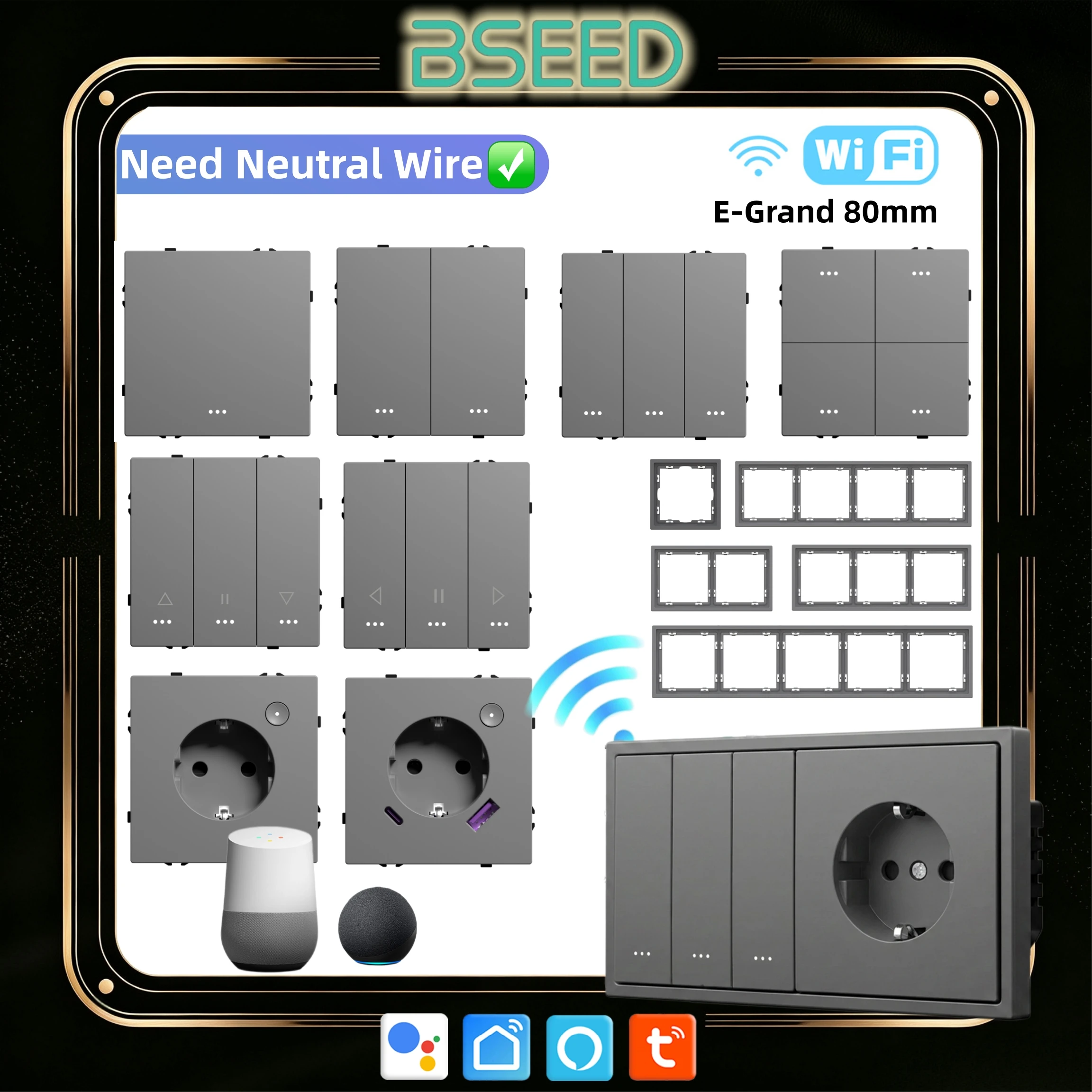 BSEED Wifi 1/2/3/4-Gang-Tastenschaltermodul Vorhang-Jalousie Kunststoffrahmen Smart-Steckdosen DIY-Teil Tuya SmartLife Yandex
