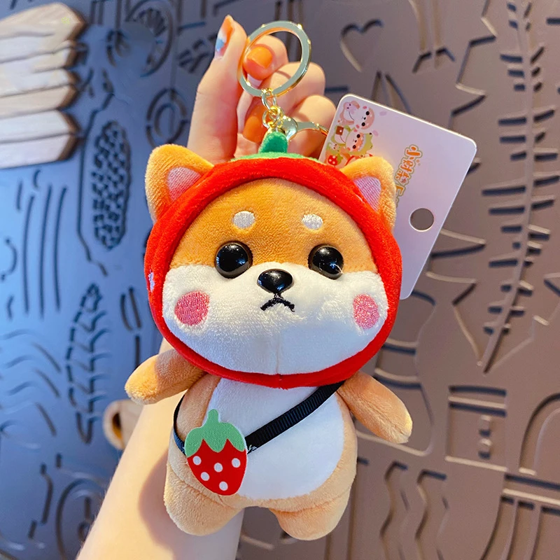 Cartoon Pink Strawberry Shiba Inu Plush Doll Toy Keychain Cute Tiger Puppy Pendant Keyring Student Backpack Women Bag Key Chain