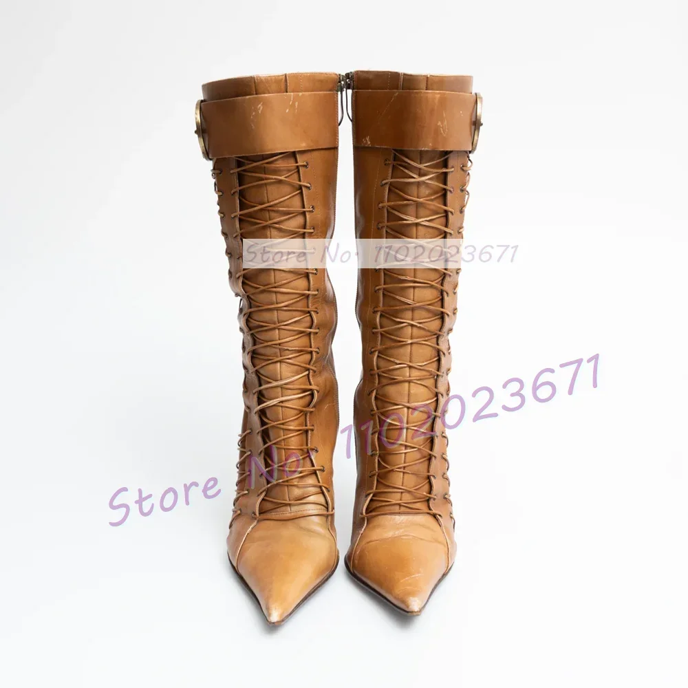 Tan Leather Pointed Toe Mid Boots With Lace Up Detail Women Trendy Belt Buckle Strap Cool Shoes Girl\'s Cross Tied Tall Boots