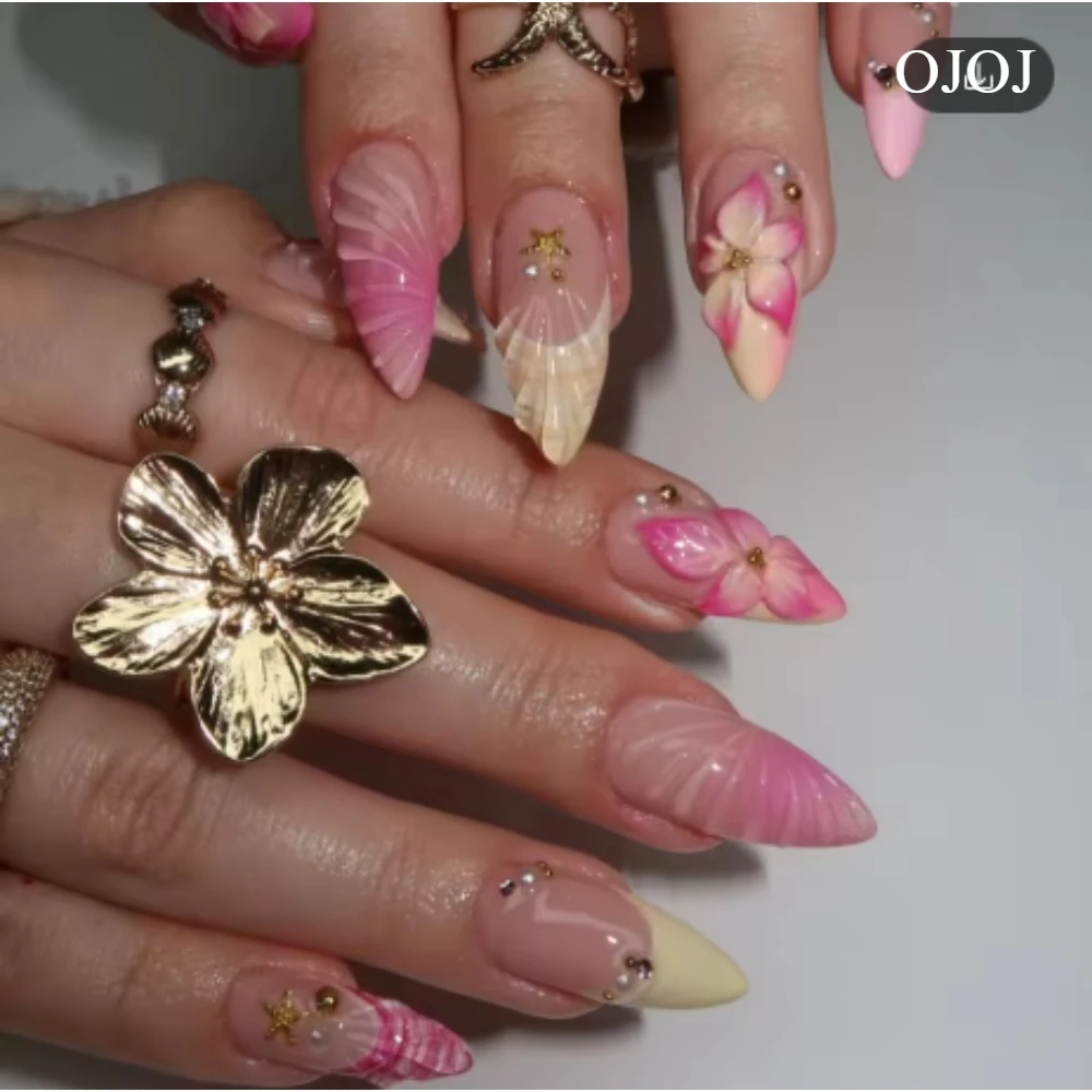 เล็บปลอมเจล 3 มิติ ลายดอกไม้ฝรั่งเศสสีเหลือง OJOJ แบบกดติด ใช้ซ้ำได้ คุณภาพระดับร้านทำเล็บ หลายขนาด ติดแน่น 24 ชิ้น