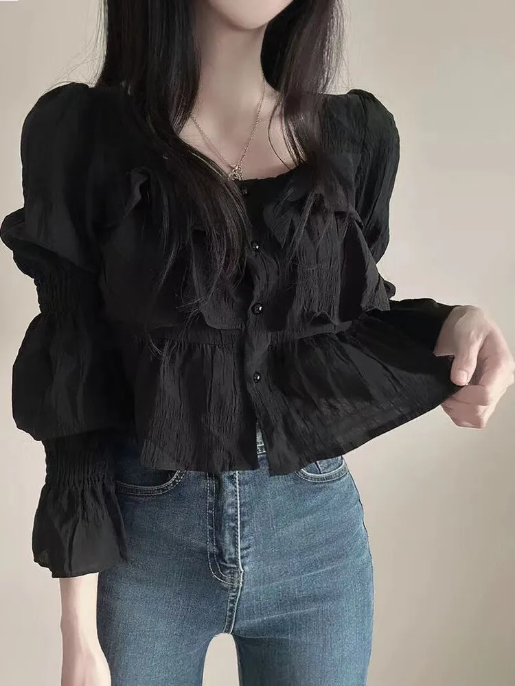

Korean Chic Pleated Square Collar Short Shirt Women's Autumn Fashion Pure Desire Lace Trim Waist Cardigan Stylish Spicy Top