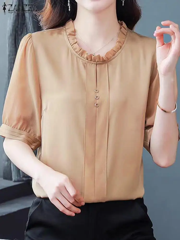 ZANZEA Fashion Ruffle Round Neck Tunic 2024 Summer Puff Short Sleeve Tops Shirt Vintage Party Blusas Elegant Women Office Blouse