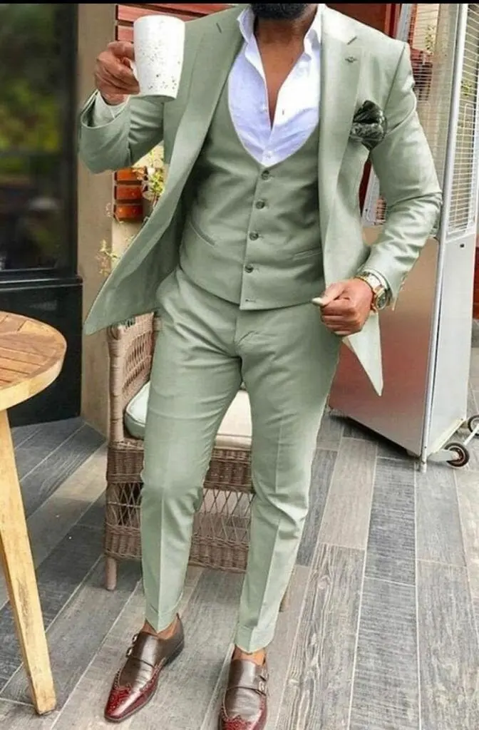 Traje verde salvia de 3 piezas para hombre, traje de boda, ropa de negocios para novio, vestido de boda, chaqueta, chaleco, pantalones, conjunto de chaqueta, abrigo