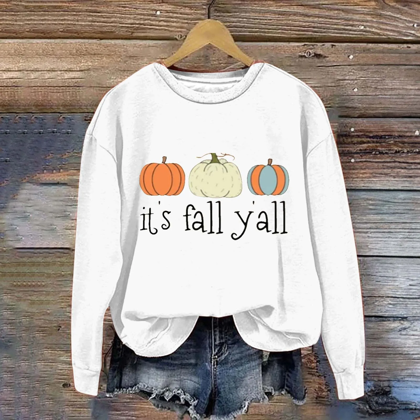 Halloween Fresh Style Pumpkin It'S Fall Yall Letter Print Ladies Fashionable Casual Long Sleev Hoodless Round Neck Hoodie