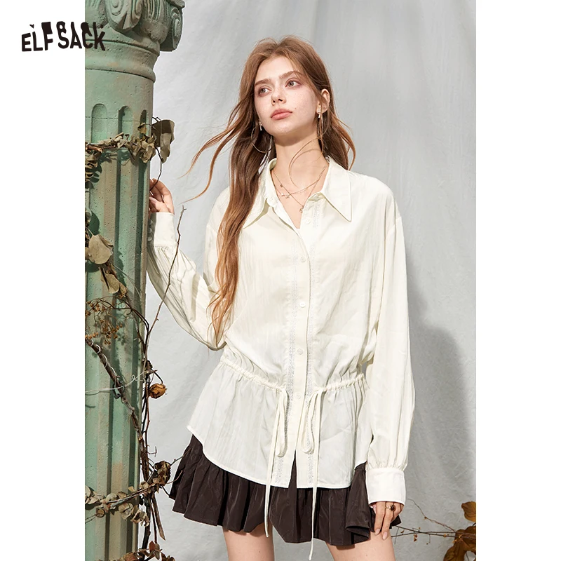 ELFSACK Women's Long Sleeve Blouse with Drawstring Waist, Ruffled Hem Point Collar Top for Work, Casual Everyday Wear