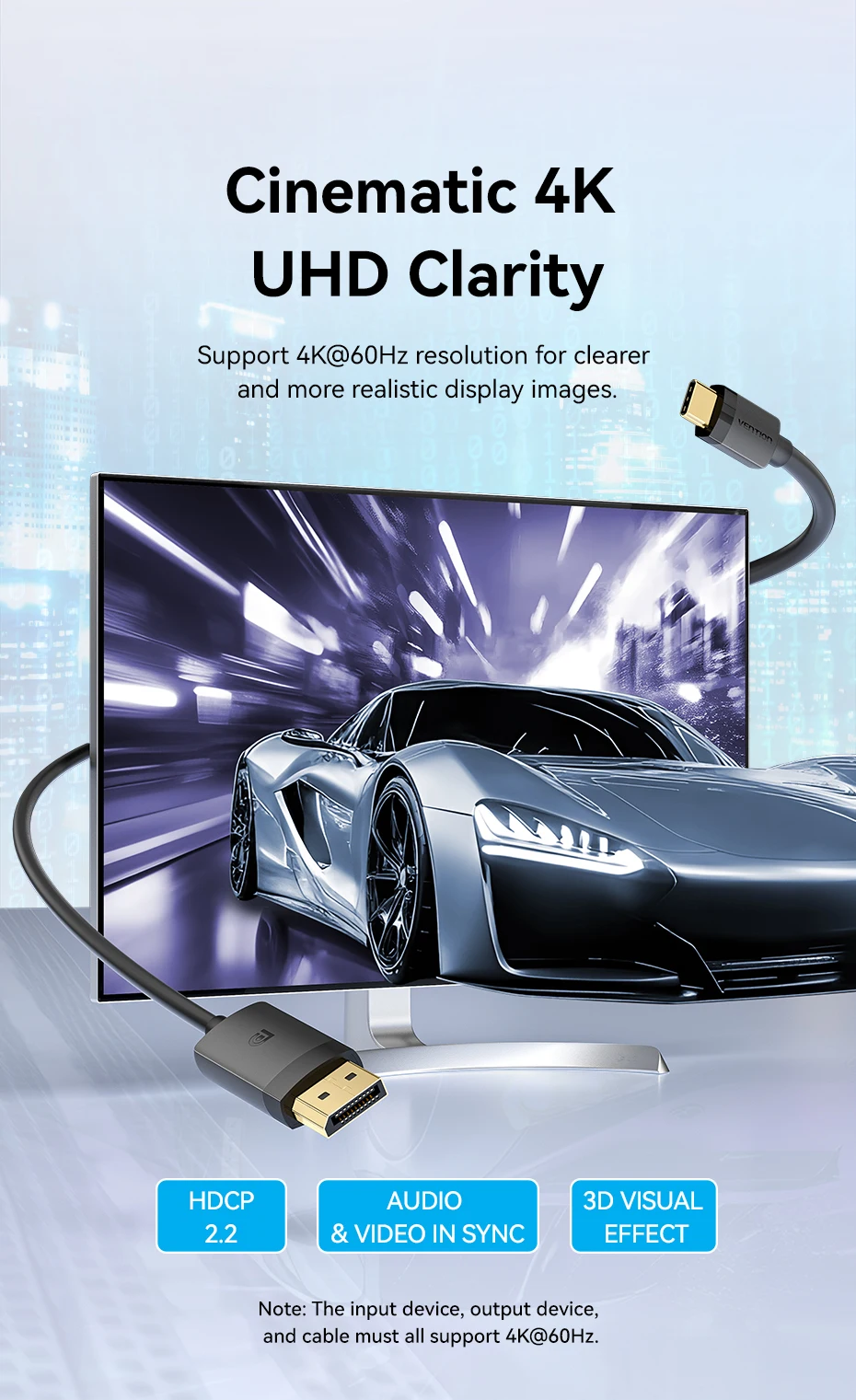 Vention 4K USB C auf DP Kabel USB Typ C auf 8K/60Hz DisplayPort Kabel für iPhone Tablet PC Monitor Laptop HDCP HDR DP Kabel – Detail 2