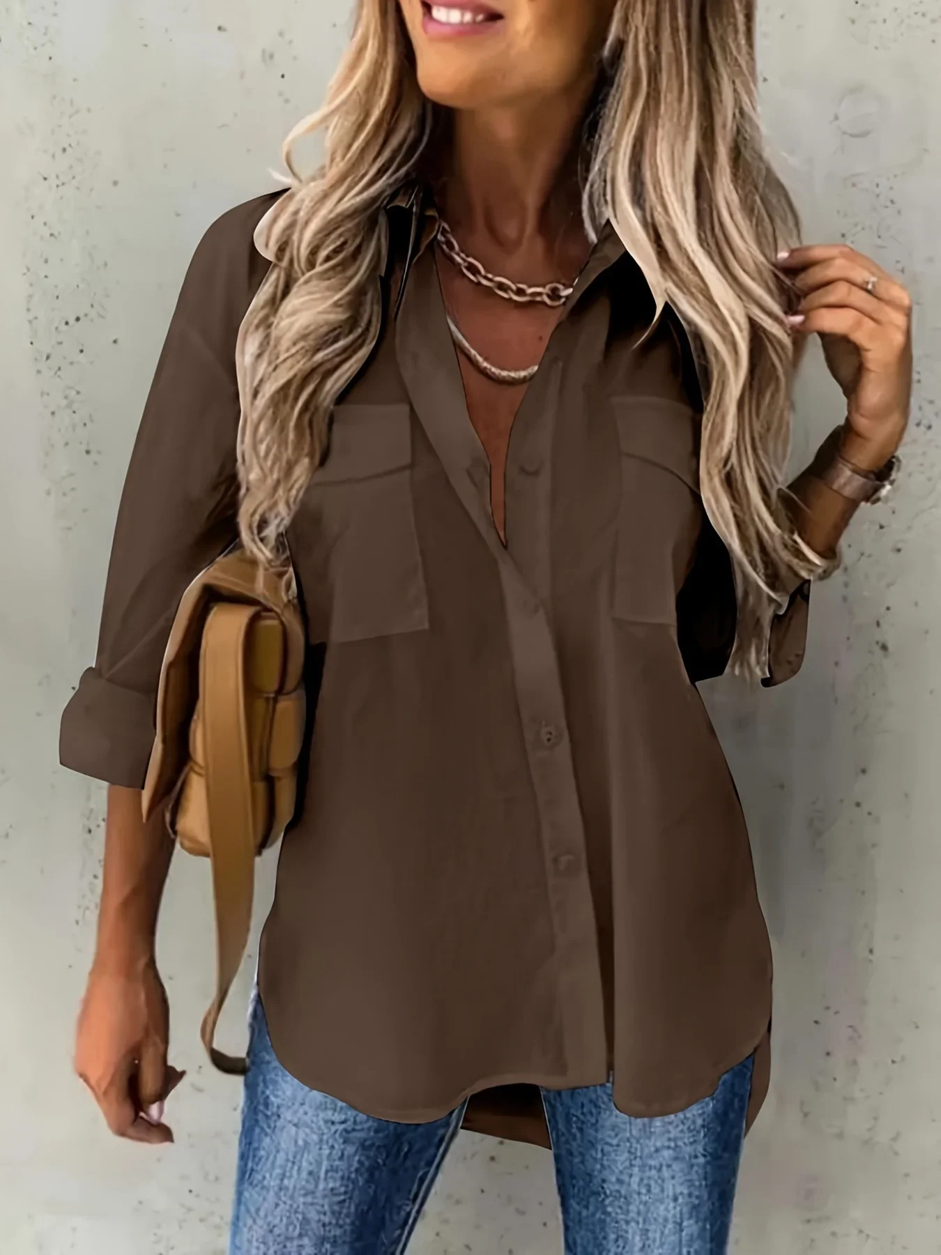 

Женская рубашка больших размеров 1XL-5XL на пуговицах спереди, с длинными рукавами и нагрудными карманами, женская повседневная свободная простая рубашка с длинными рукавами