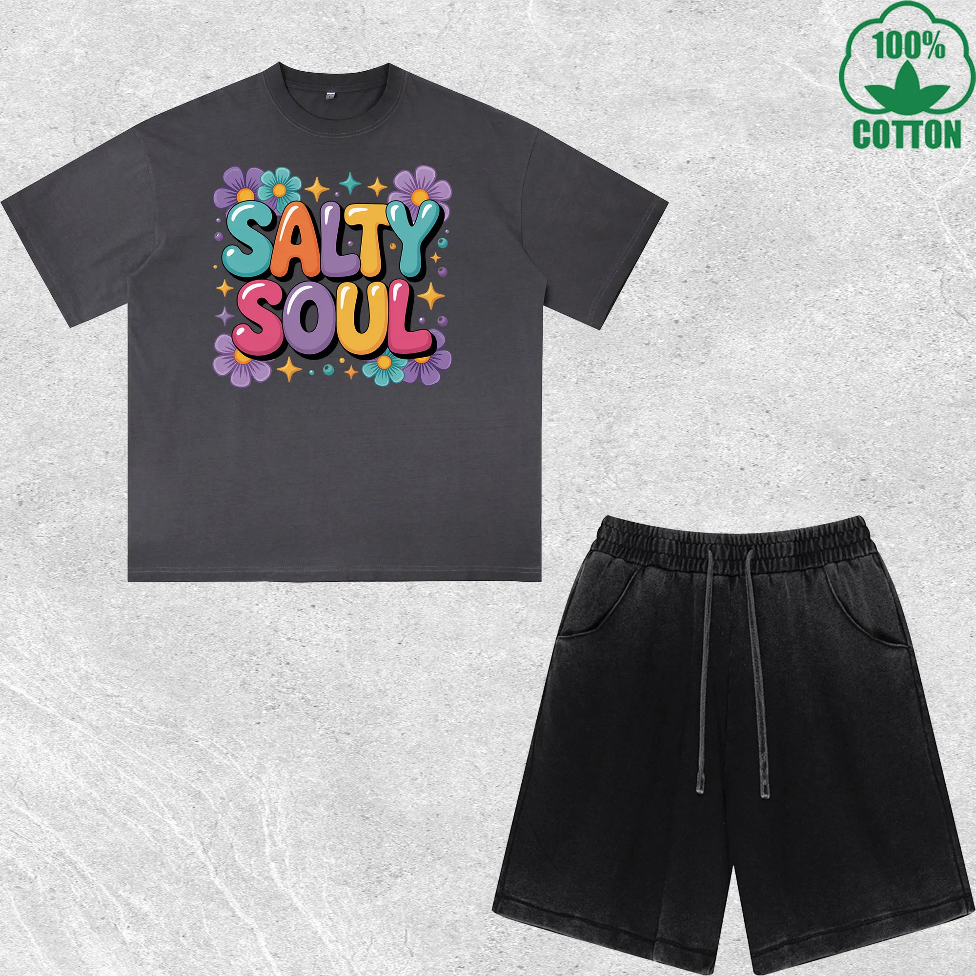 

Salty Soul Summer Vibes Printed Dirty Wash T-Shirt Shorts Set Multicolor Combo Loose Trendy Fashionable 100%Cotton