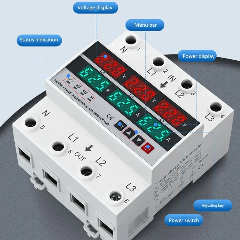 3Phase Din Rail adjustable Over Under Voltage Protector 63A/100A Current Protection Digital Voltmeter Ammeter Power Erengy Meter