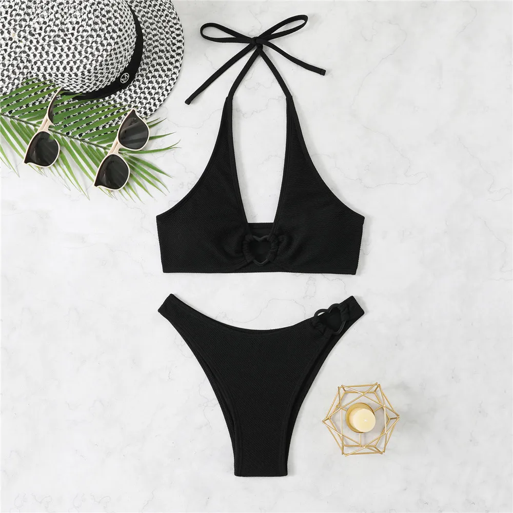 Solid White String Halter Bikinis Sets 2025 Sexy Swimsuit Women Heart Ring Linked Swimwear Bathing Suit Beach Wear Bikini Damen