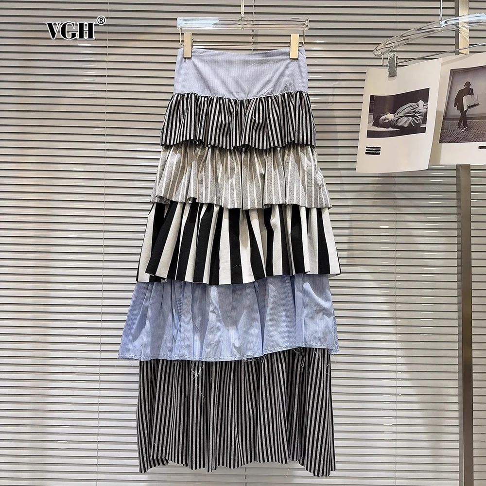 VGH Hit Color Fashion Patchwork Striped Loose Skirts for Women High Waist Spliced Elastic Casual Style A Line Long Skirt Female