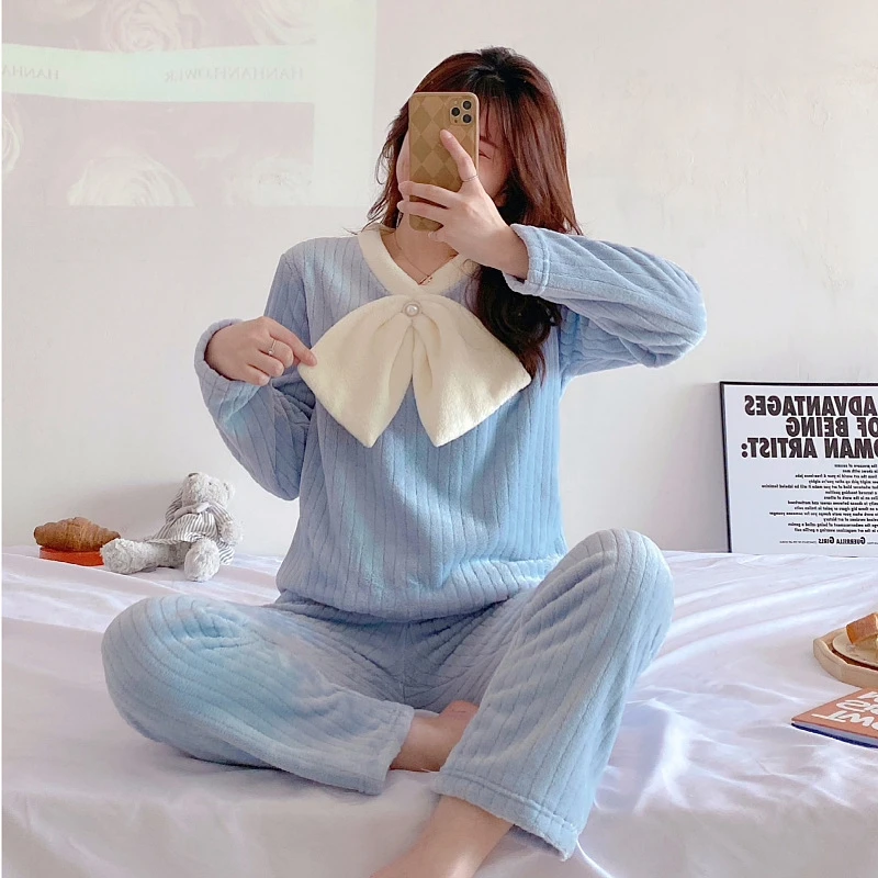 

Pajamas Women's Winter Flannel Pit Strip Velvet 2022 New Pullover Student Korean Cute Lady's Loungewear Set