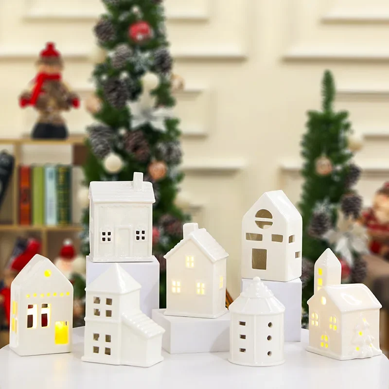 

Xmas White Ceramic House Ornaments LED Lights Festival Decorations Home Decor Cone House Christmas Light