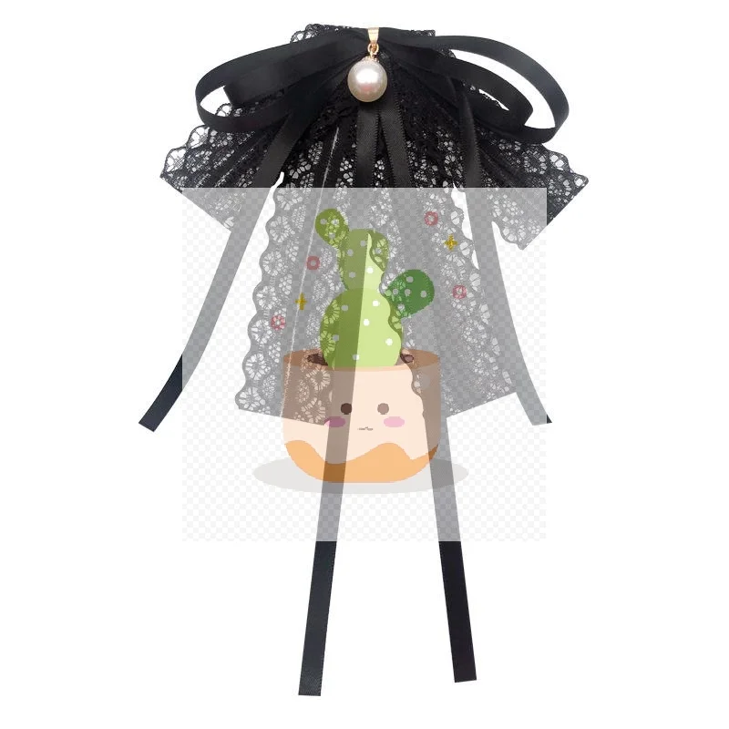 โบว์ผูกคอผ้าลูกไม้สีดำประดับมุกสำหรับผู้หญิง ใช้ตกแต่งเสื้อเชิ้ต ปกเสื้อ และเครื่องประดับอื่นๆ