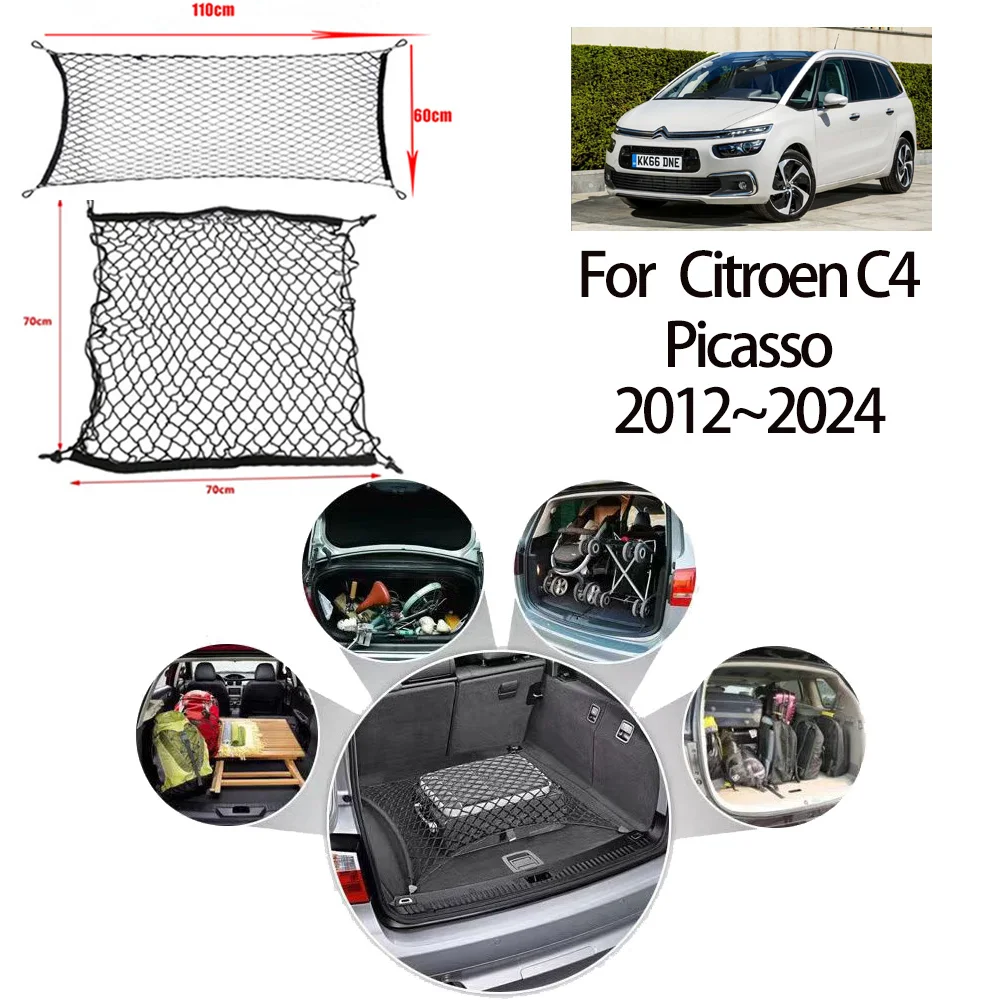 For Citroen C4 Picasso 2012~2023 2021 2022 2024 Car Trunk Net Luggage Bag Accessories Storage Cargo Organiser Nylon Elastic Mesh