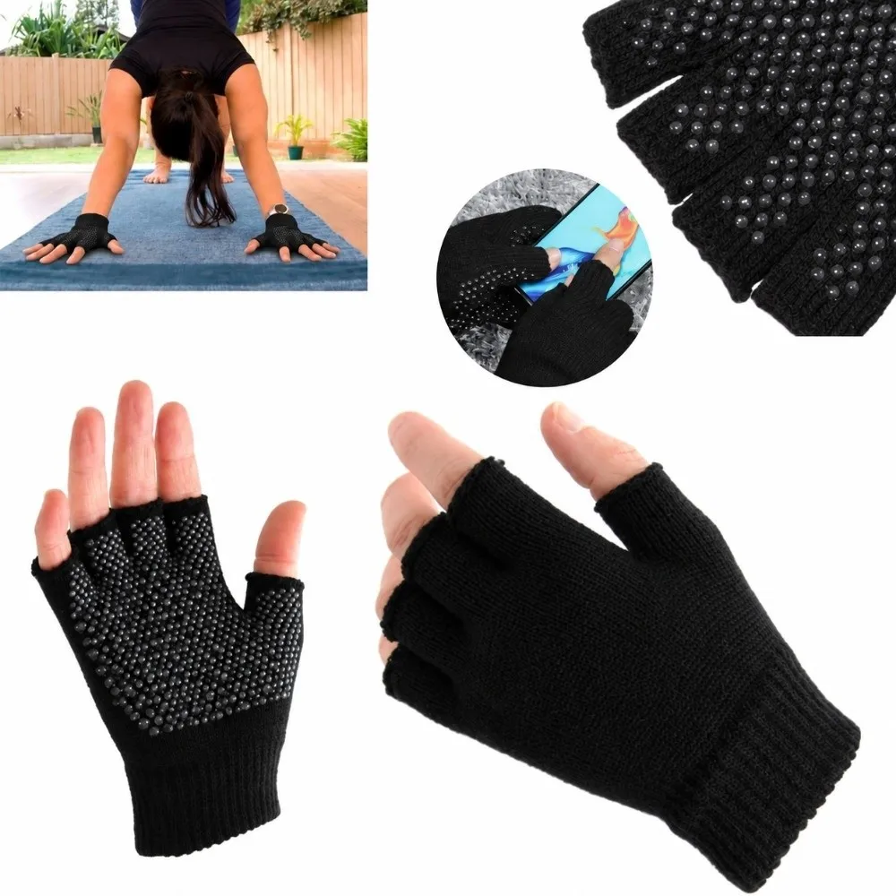 1 Pair Non-Slip Fingerless Gloves Knitted Sweat Absorption Cycling Gloves Lightweight Stretchy Yoga Gloves Fitness Exercise