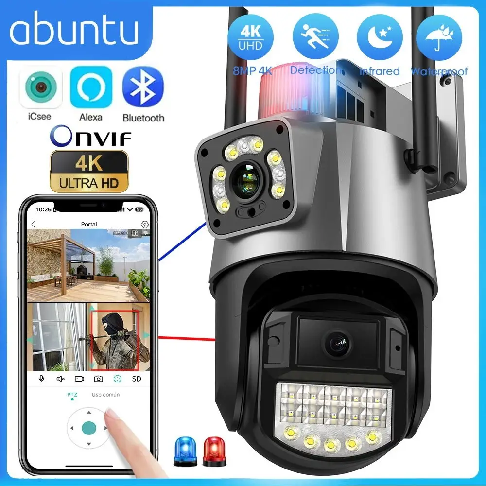 Cámara de videovigilancia para exteriores, videocámara de 8MP, 4K, doble pantalla, PTZ, Wifi, detección humana por Ia, visión nocturna a Color,