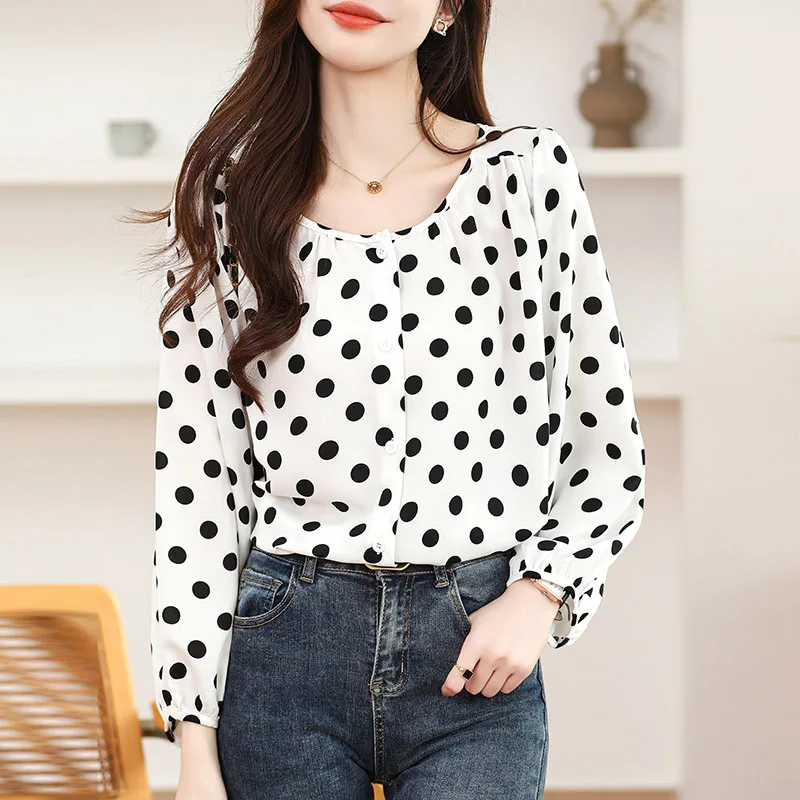 Women Clothing French Style Fashion Polka Dot O-neck Shirts Spring Autumn New Casual Loose Lantern Sleeve Blouses Y2k Chic Tops