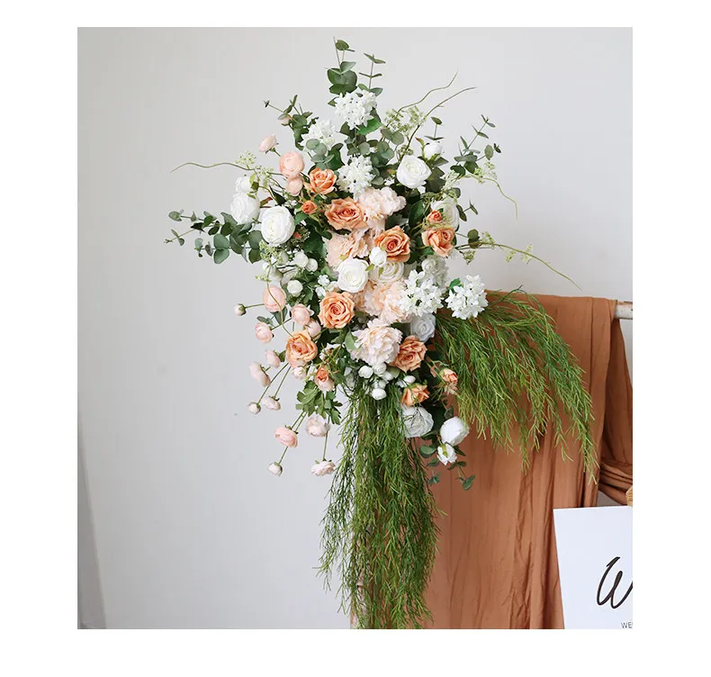 Champagnerweiße Rose mit grünen Blättern, hängende Blumenreihe, Dekoration für Hochzeitshintergrund, Tischdekoration, Ballveranstaltung, Gangdekoration, Bodenblumenrequisiten – Detail 6