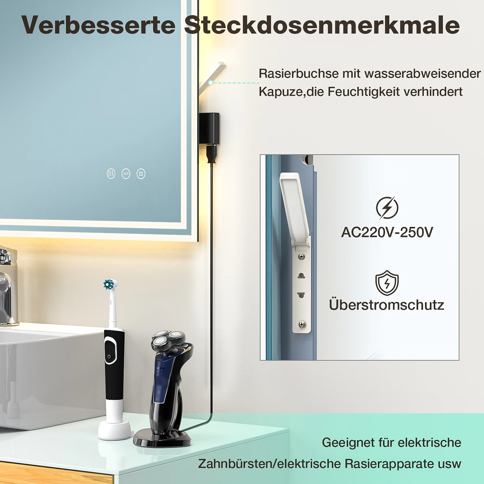 Badspiegel-mit-Beleuchtung 80x60cm, 3 Farbtemperaturen Led Badspiegel mit Steckdose Anti-Beschlag Speicherfunktion IP44 Bad Spiegel mit Licht Horizontal/Vertikal Installation – Detail 3
