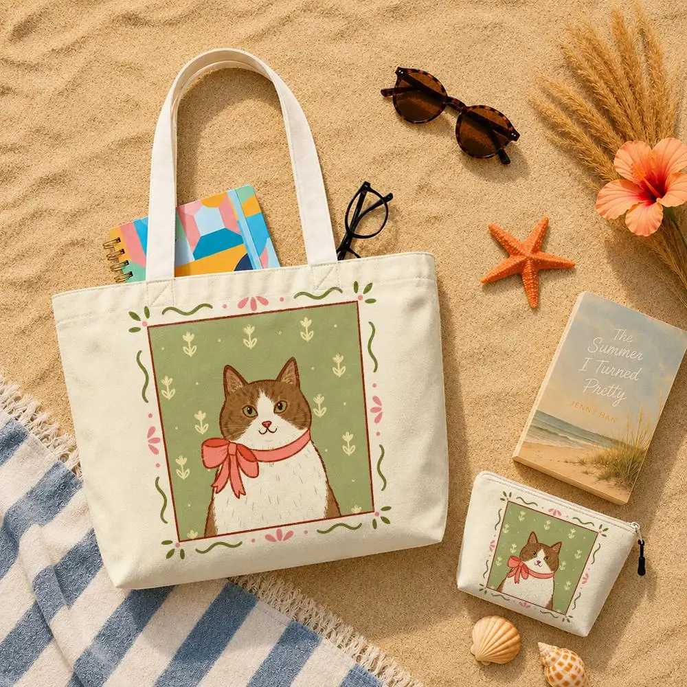 Cute Cat Portrait Photo Frame Storage Bags Canvas Double-Sided Print Set 2PC Makeup Pouch Set with Zipper for Picnic Travel
