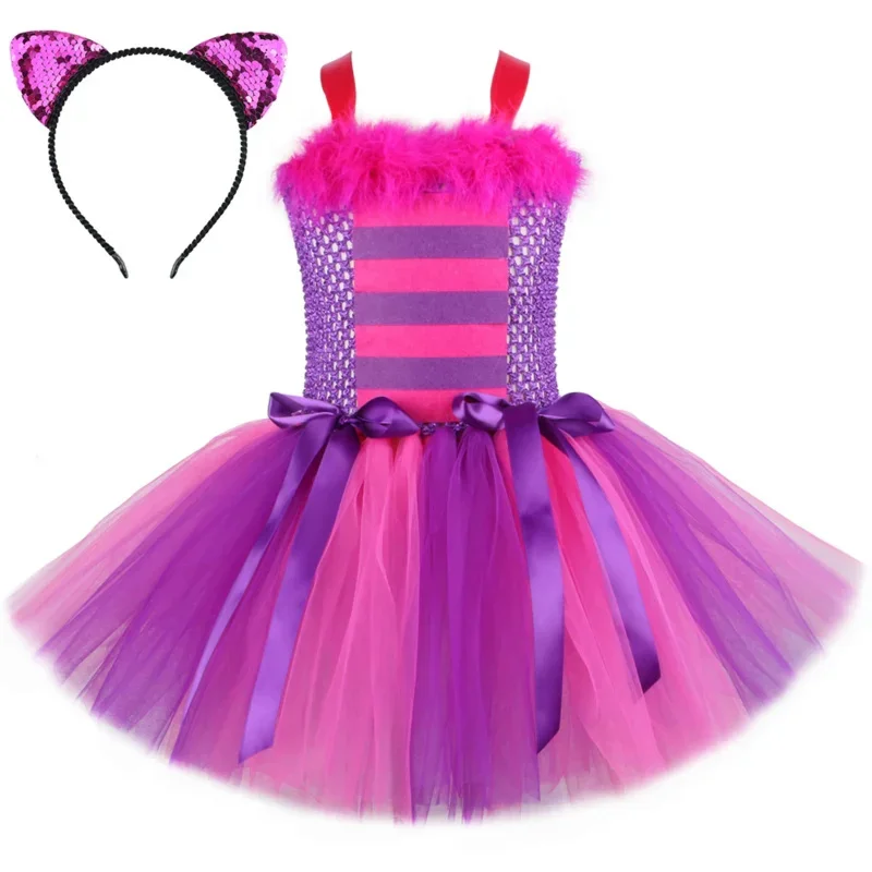 Alice in wonder chesuite cat girls tutu dress hot pink purple cartoon tulle girls party dress kids Halloween cosplay costume